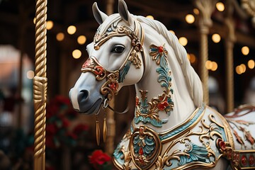 A white horse on a carousel in an amusement park, a horse of royal appearance.