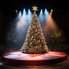 A Christmas tree with lights and ornaments is in the background. The tree is surrounded by a circular stage with a spotlight on it