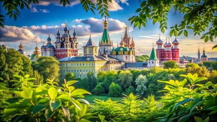 Wall Mural - Serene Donskoy Landscape with Lush Greenery, Majestic Architecture, and Blue Sky Reflections Captured with High Depth of Field for Nature and Travel Enthusiasts