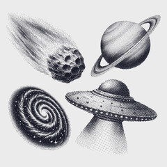 galaxy elements set, retro halftone style space illustration, comet, planet, ufo, spiral galaxy