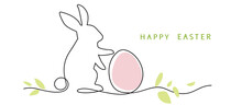 One line drawing. Abstract decorative horizontal ornament with bunny silhouette, easter pink egg and leaves. Happy easter text and border design element. Vector stock illustration.