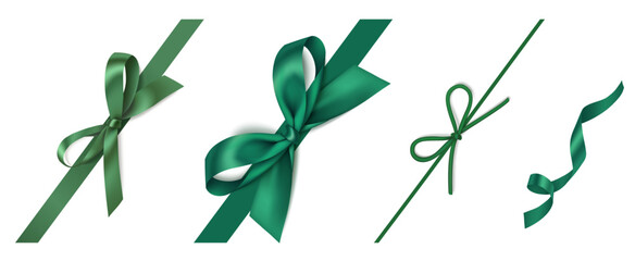 Wall Mural - set of wonderful diagonally decorative christmas green bow, swirl ribbon isolated on white. beautifu