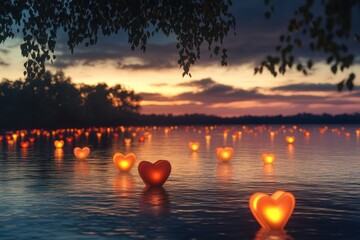 Wall Mural - Serene lake at dusk filled with glowing heart lanterns, creating a romantic atmosphere.