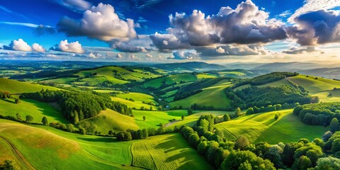 Wall Mural - Serene Valley Landscape with Lush Green Hills and a Clear Blue Sky, Perfect for Nature Lovers Seeking Tranquility and Scenic Beauty in Their Photography Collection