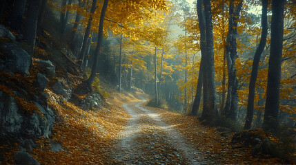 Autumn Forest Path with Golden Leaves Illustration