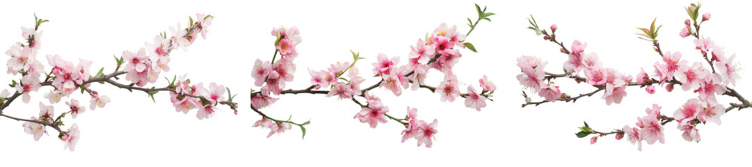 collection of peach tree branch adorned with pink flowers along the corner border, set on a white or