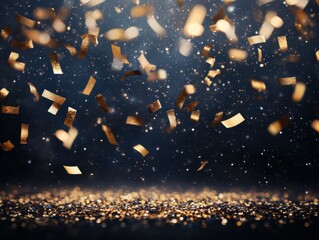 Wall Mural - Elegant golden confetti falling a sparkling background, perfect for celebrations.