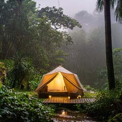 tranquil forest campsite in tropical downpour. tent illuminated from within