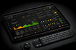 © StudioX - Dark interface tablet with keyboard and control knob displaying data analytics.