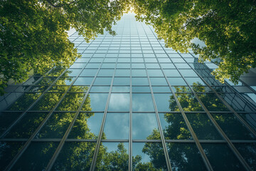 Modern sustainable green architecture with lush trees reflecting on glass facade. Eco-friendly office building under blue sky.