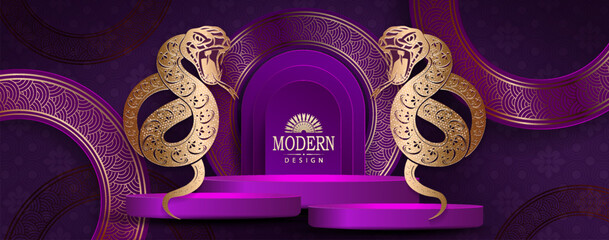 Wall Mural - Chinese New Year. Purple greeting card with round frame with snake isolated.