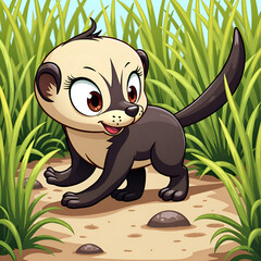 Canvas Print - A joyful ferret exploring its natural habitat with lush green grass and sunny skies, digital illustration of character design concept.