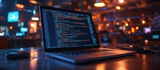 A laptop with a code editor open sits on a desk with a blurred background of a modern office.