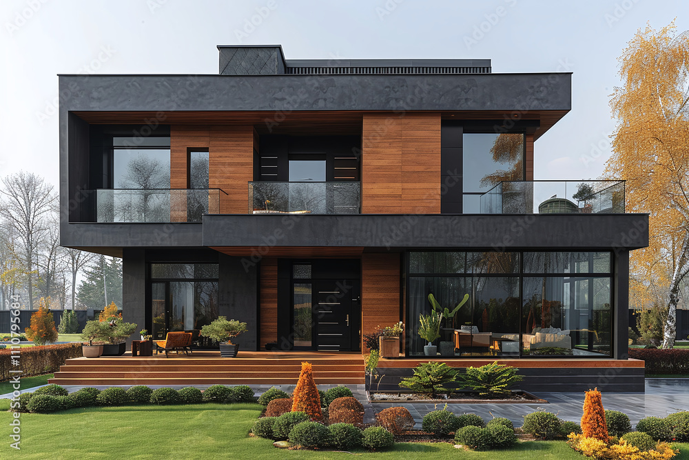 Luxurious modern cubic house with wooden cladding and black panel walls ...