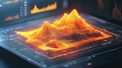 Wall Mural - 3d data visualization with bright orange mountain peaks and grid