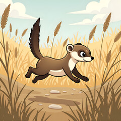 Canvas Print - A playful weasel hops through golden fields under a blue sky, capturing the essence of nature s joy, digital art of character illustration concept.