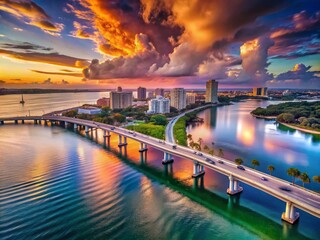 Wall Mural - Surreal Evening Aerial View of Sarasota Skyline with Ringling Parkway Bridge Illuminating Sarasota Bay at Twilight, Capturing the Magical Fusion of Nature and Urban Life