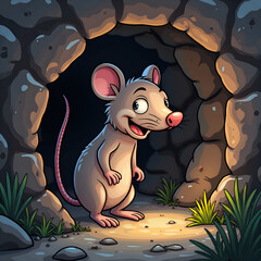 Canvas Print - A happy cartoon mouse smiling at the entrance of a cozy cave surrounded by rocks and greenery, digital illustration of character design concept.
