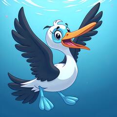 Canvas Print - A playful waterbird spreading its wings under the water, radiating joy and vibrancy in a colorful underwater world, digital art of character design concept.