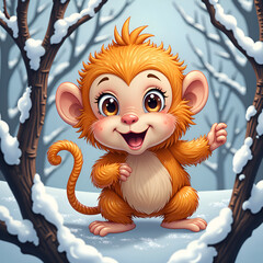 Canvas Print - Adorable winter monkey character in snowy landscape surrounded by trees, digital art of character design concept.