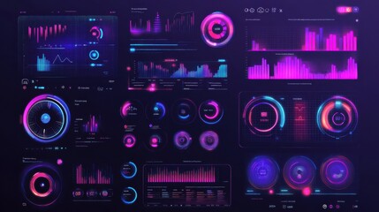 Wall Mural - futuristic data dashboard with colorful charts and infographics