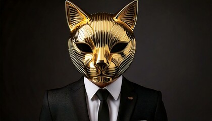 Wall Mural - a male actor in a suit with golden mask. cat character