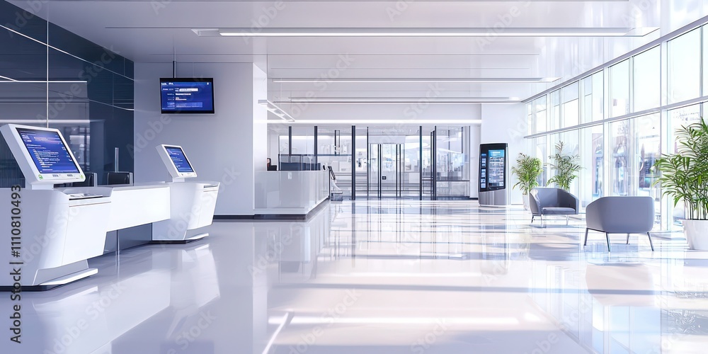 Modern bank interior with sleek counters, polished floors, and digital ...