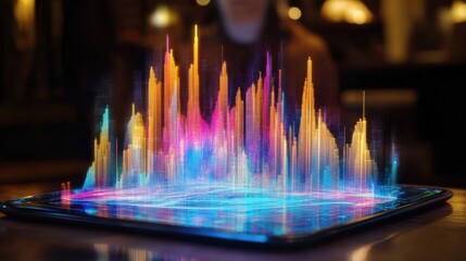 Wall Mural - colorful 3d visualization of data on tablet in dark environment