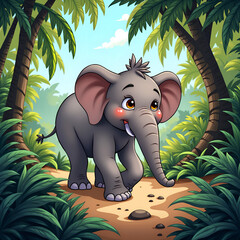 a playful elephant exploring a lush tropical jungle with vibrant greenery and bright skies, digital 