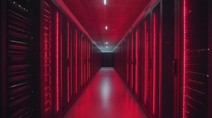 Wall Mural - Intricate Server Room with Red Glowing Lights