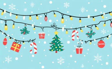 Canvas Print - A colorful holiday decoration with Christmas lights, trees, and candy on a light blue background