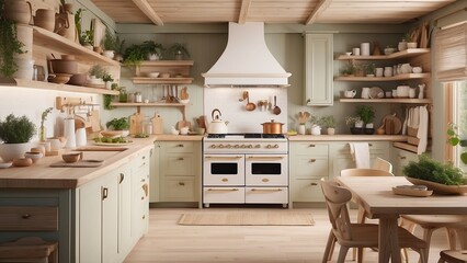 Cottagecore-inspired kitchen with hidden smart appliances and a voice-controlled recipe assistant.