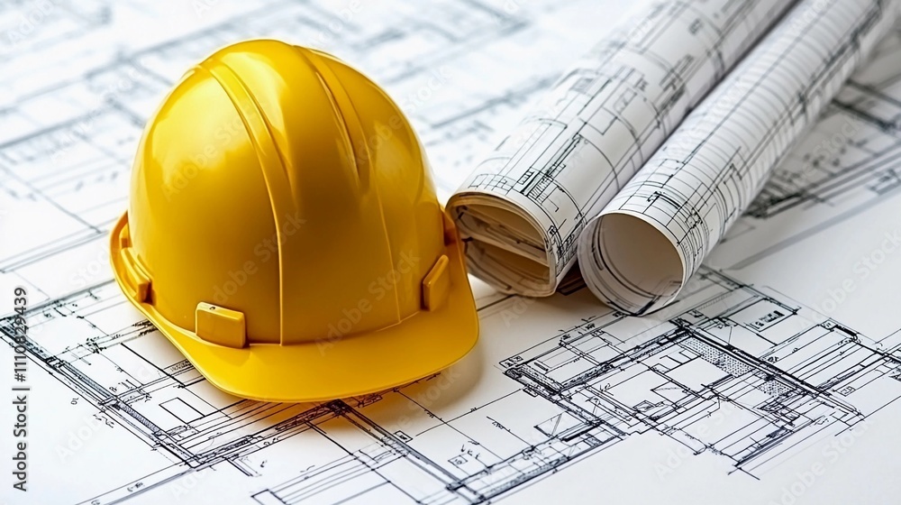 Building plans and safety helmet on construction blueprints in bright ...