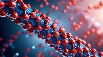 Aufkleber - A close-up visualization of a molecular structure, featuring interconnected atoms represented in red and blue, set against a blurred, glowing background.
