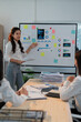 © Tj - Asian businesswoman stands and presents charts and statistics to colleagues in a modern office boardroom, fostering collaboration and data-driven decision-making
