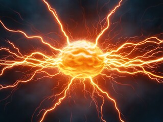 Aufkleber - A vibrant illustration of a sun-like sphere emitting electric sparks amidst a dark, cloudy backdrop, symbolizing energy and power.