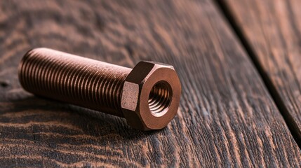 Poster - A close-up of a copper bolt resting on a textured wooden surface, highlighting its threads and hexagonal shape.
