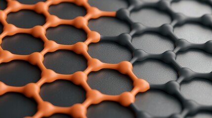 Fototapete - Close-up of a textured surface featuring interlocking hexagonal patterns in orange and black, showcasing a modern design element.