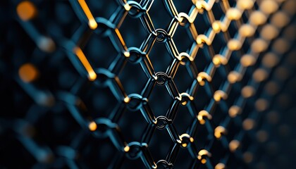 Fototapete - A close-up view of a metallic chain-link fence with a play of light reflecting off its surface, highlighting its texture and structure.