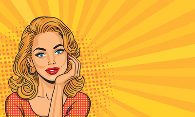 Young blonde woman in pop art style smiles and looks lovingly. On a yellow background. Pop art vector comic style