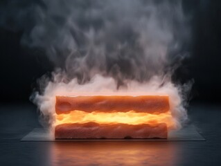 Aufkleber - A glowing, smoky block emits vibrant orange light against a dark background, creating an atmospheric and intriguing visual effect.