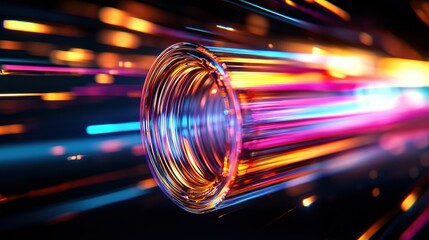 Aufkleber - A vibrant, abstract depiction of light streaks emanating from a lens, suggesting speed and motion through colorful beams.