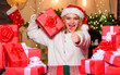 © be free - Festive mood. Beautiful wrapped gifts. Happy woman and bunch of gifts boxes. Girl ready for celebration. Gifts integral part of new year celebration. Intrigued concept. December happy moments