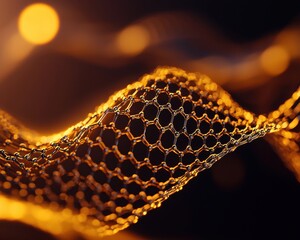 Fototapete - A close-up view of intricate golden mesh fabric, showcasing its delicate texture and shimmering appearance against a dark background.