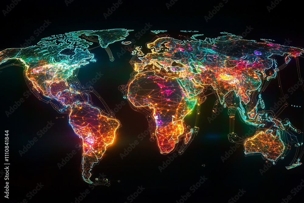 glowing holographic world map with vibrant colors and intricate lines ...