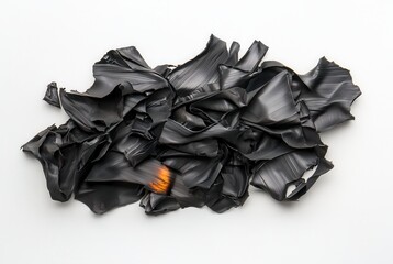 Fototapete - A crumpled piece of black material with an orange accent, showcasing texture and contrast against a white background.