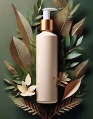 Wall Mural - Cosmetic bottle mockup, surrounded by organic elements, creative composition