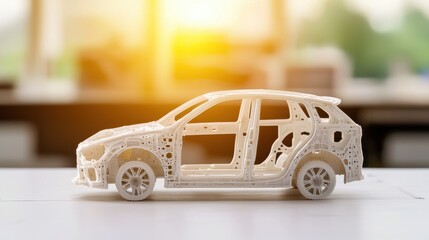 Aufkleber - A detailed model of a car showcases its structure, illuminated by sunlight, emphasizing design and craftsmanship in a modern workspace.