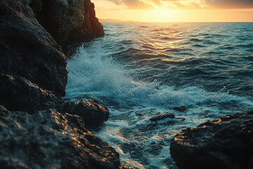 Poster - A serene coastal scene at sunset with waves crashing against rocky shore.