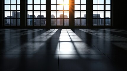 Leinwandbilder - A sunlit room with large windows casting dramatic shadows on the floor, revealing a city skyline in the background.